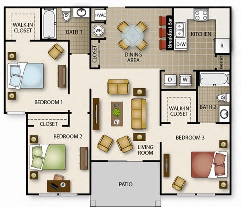 Floor plan for 3 beds, 2 baths, 1079 sqft